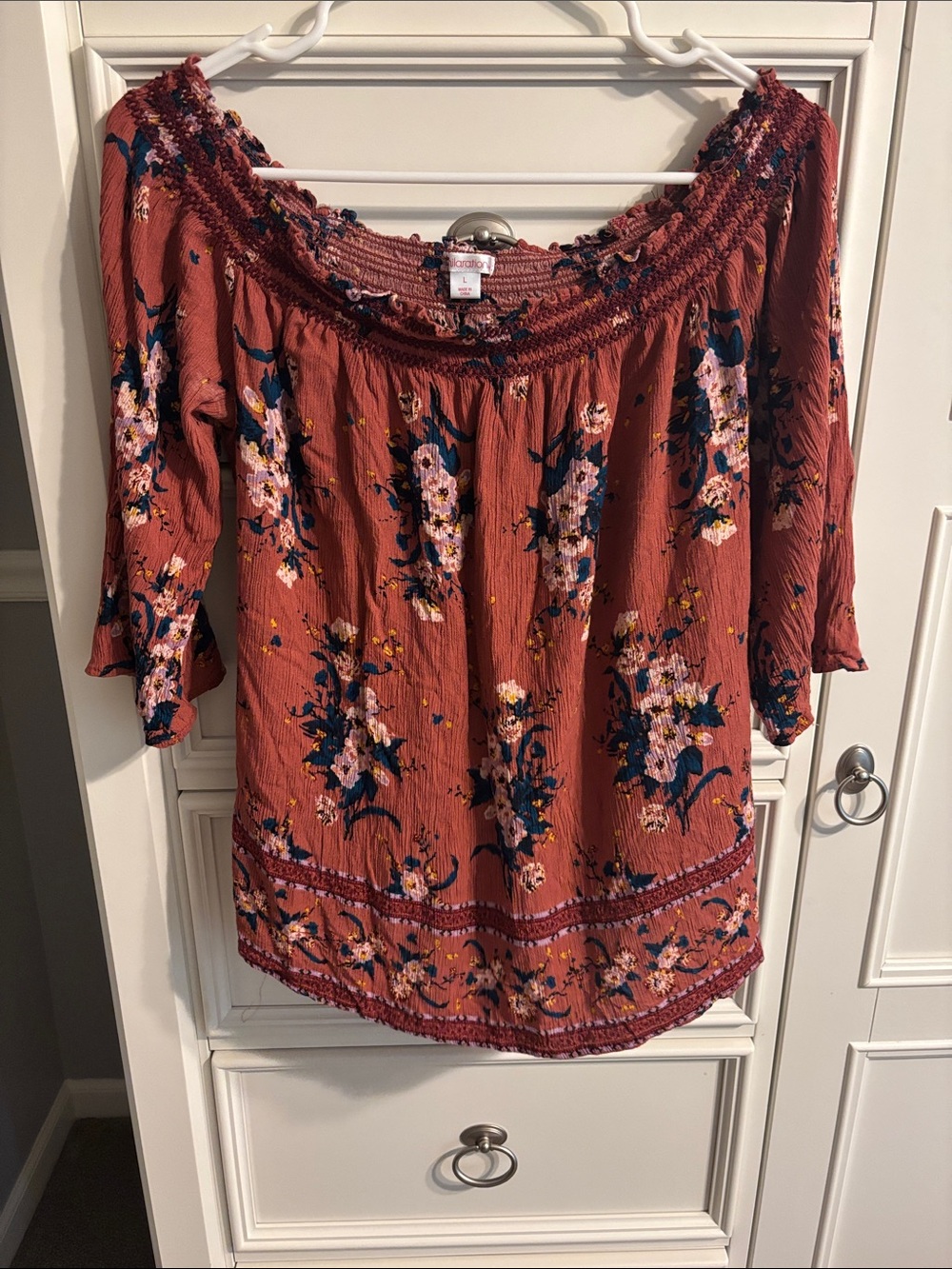 Xhilaration Rust Floral Off-Shoulder top with smocking and dark green accents